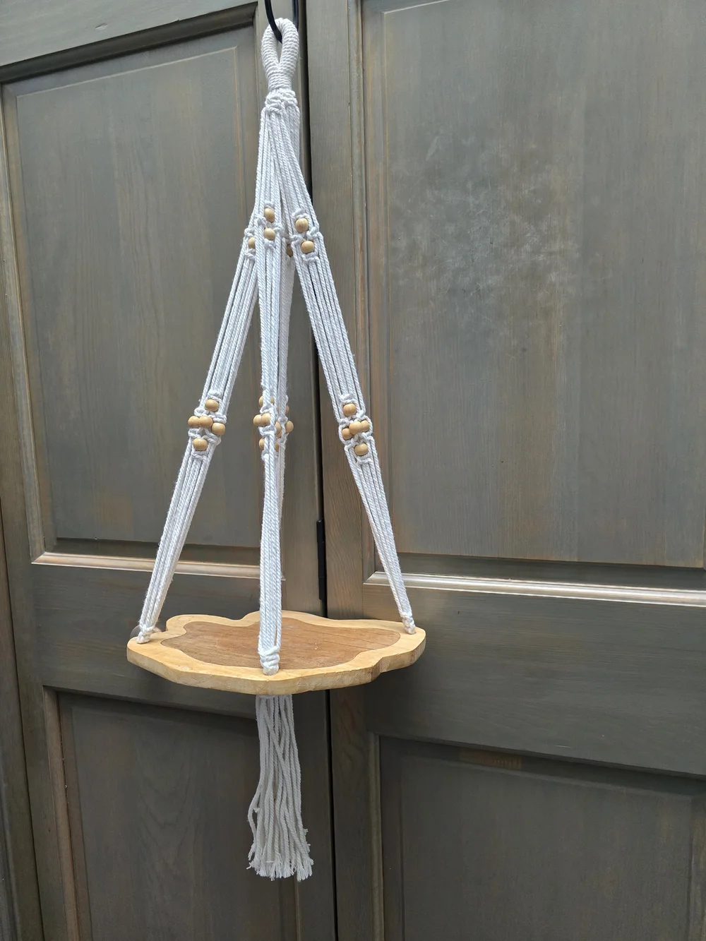 Hanging Macramé Shelf with Wooden Tray - White Cord